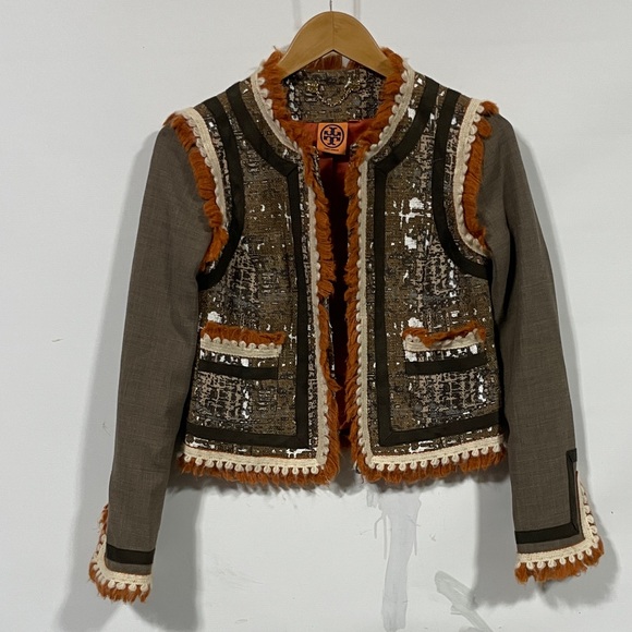 Tory Burch Jackets & Blazers - Tory Burch Sequin Trim Jacket in Orange and Brown